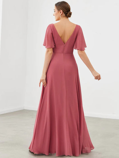 Chiffon Flutter Sleeve V-Neck Mother of the Bride Dress