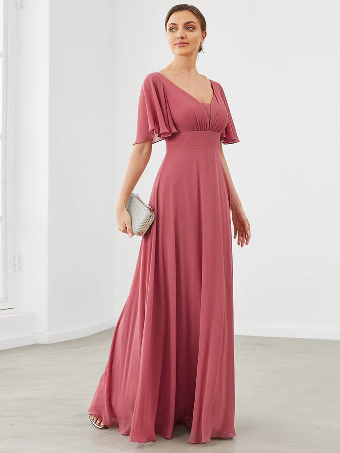 Chiffon Flutter Sleeve V-Neck Mother of the Bride Dress