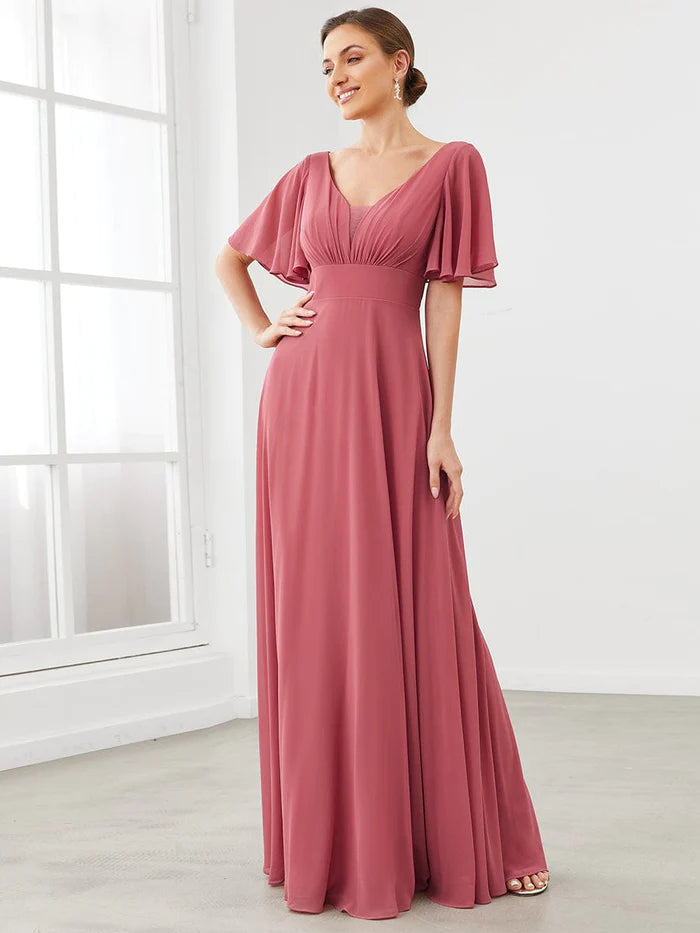 Chiffon Flutter Sleeve V-Neck Mother of the Bride Dress