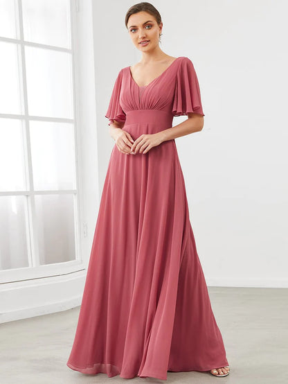 Chiffon Flutter Sleeve V-Neck Mother of the Bride Dress