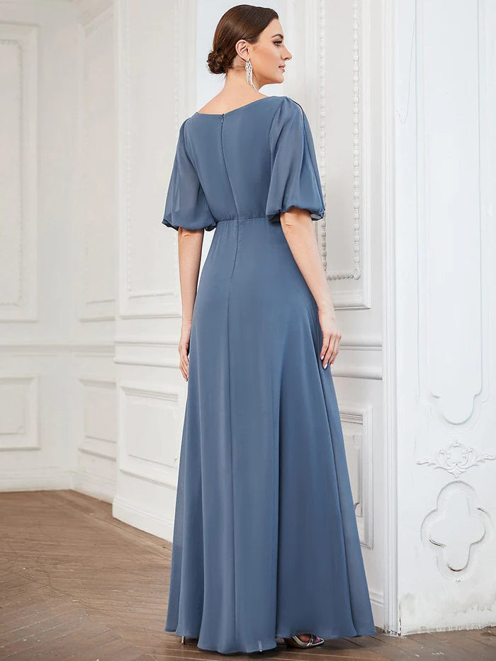 Pleated V-Neck Split Sleeve Chiffon Mother of the Bride Dress