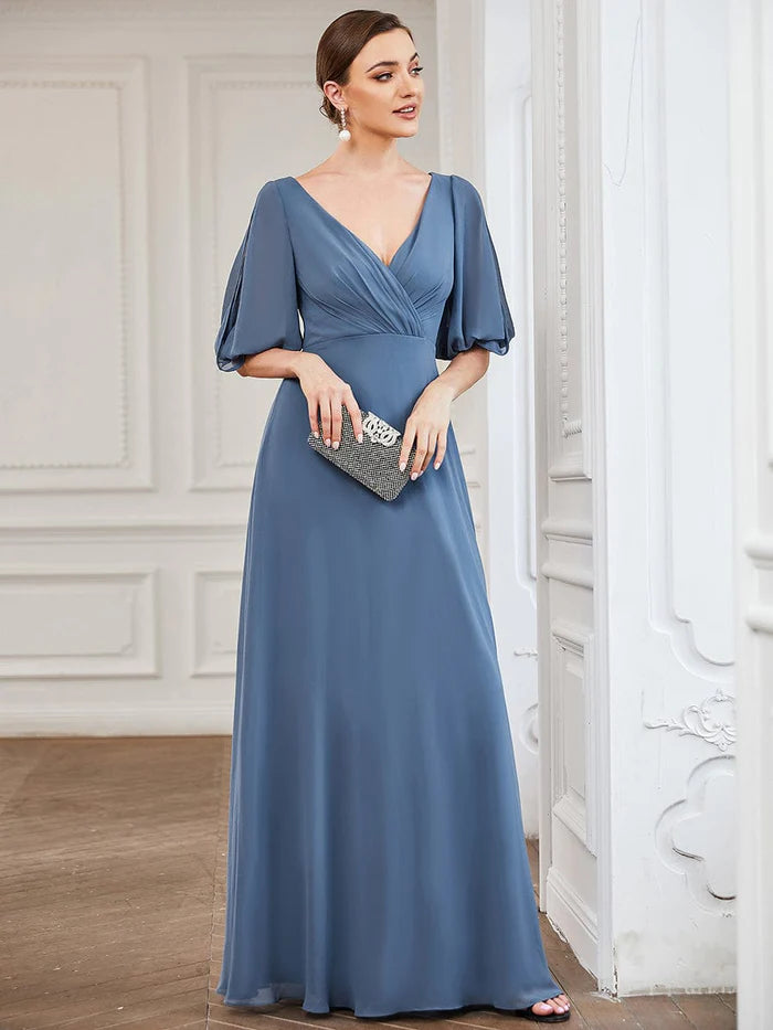 Pleated V-Neck Split Sleeve Chiffon Mother of the Bride Dress