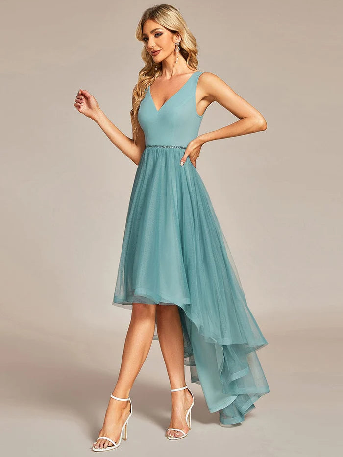 Sleeveless Tulle High Low Prom Dress with Waist Chain