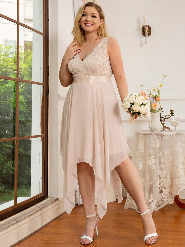 Plus Size Asymmetrical-hem Sleeveless Prom Lace Dress for Women