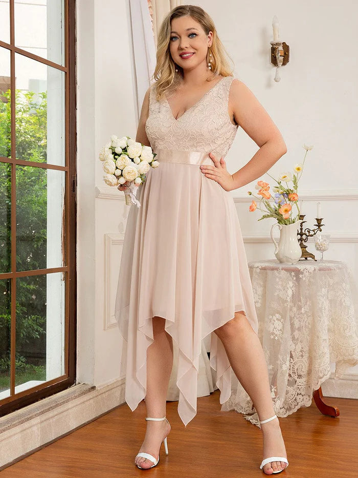 Plus Size Asymmetrical-hem Sleeveless Prom Lace Dress for Women