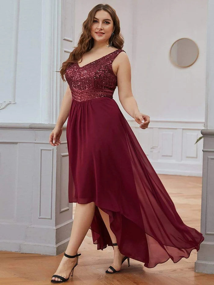 Elegant Paillette & Chiffon V-neck A-line Sleeveless Plus Size Formal Evening Dresses