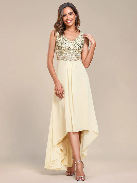 Sexy High-Low Maxi Chiffon Evening Dresses with Sequin