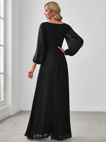 Elegant Chiffon V-Neckline Long Sleeve Formal Evening Dress