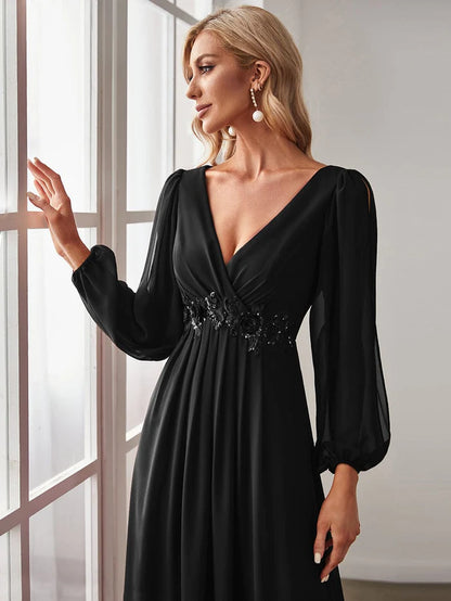 Elegant Chiffon V-Neckline Long Sleeve Formal Evening Dress