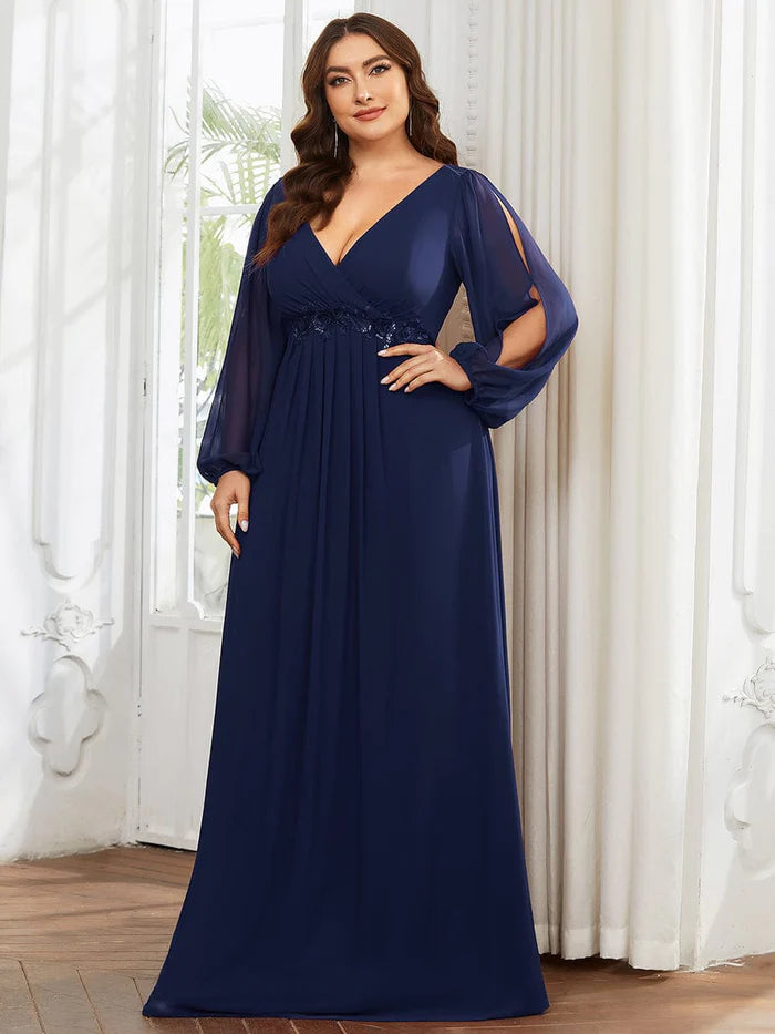 Stylish Plus Size Chiffon Formal Evening Dresses with Long Lantern Sleeves