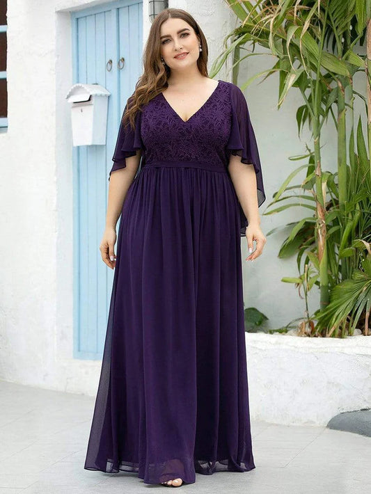 Plus Size Deep V Neck Lace Bodice Long Flowy Evening Dress