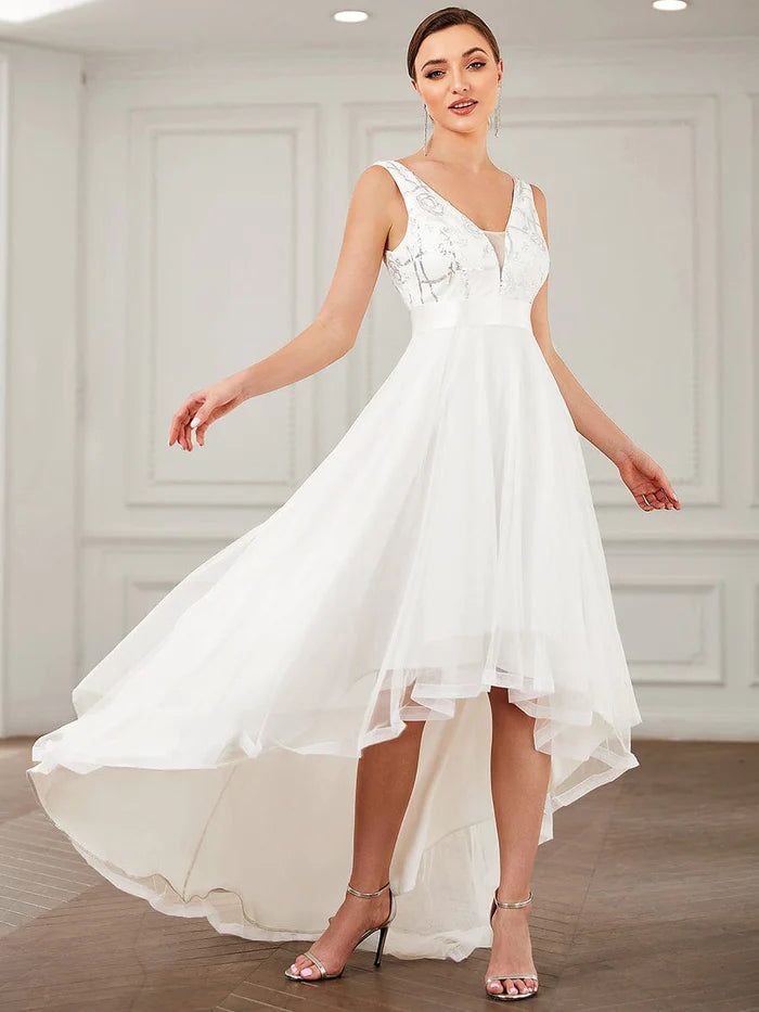 Fashion Sequin Appliques High-Low Tulle Elopement Dress for Wedding