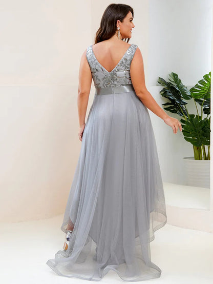 Plus Size Sequin High-Low Deep V Neck Tulle Evening Dresses