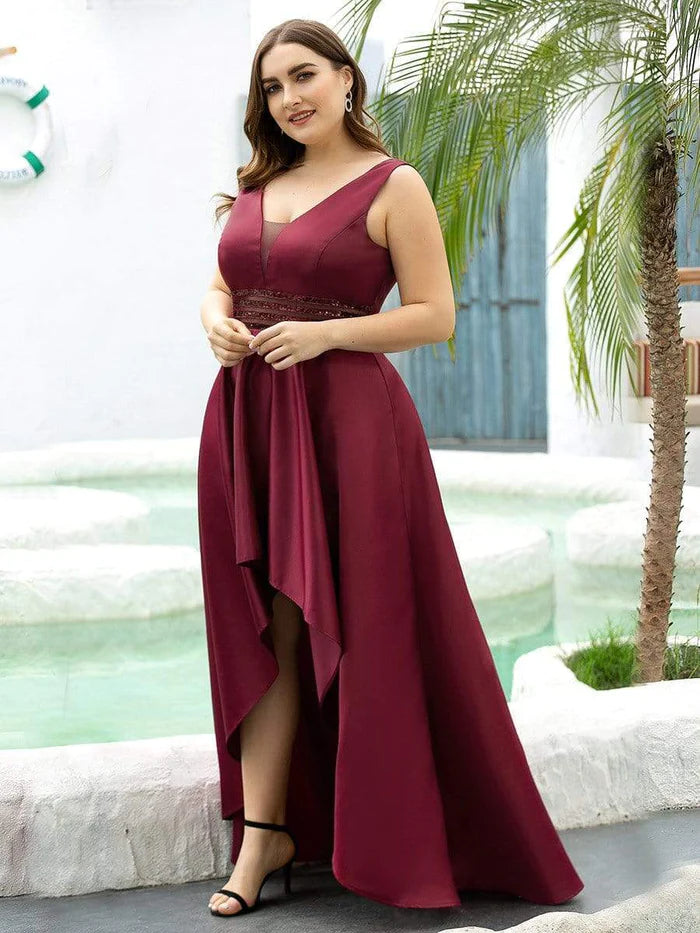 Plus Size High Low Formal Evening Party Dress with Sequin Belt