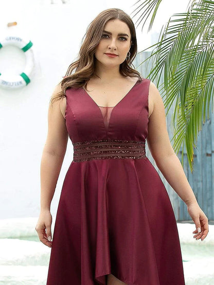 Plus Size High Low Formal Evening Party Dress with Sequin Belt