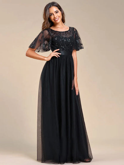 Women's A-Line Short Sleeve Embroidery Floor Length Evening Dresses