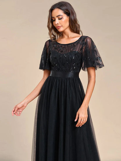 Women's A-Line Short Sleeve Embroidery Floor Length Evening Dresses