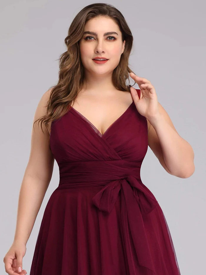 Plus Size Double V Neck Maxi Tulle Bridesmaid Dress