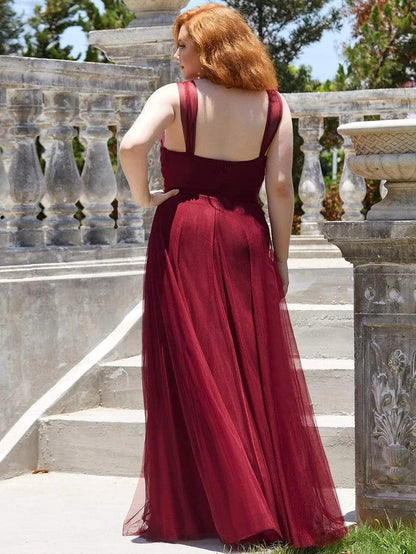 Plus Size Double V Neck Maxi Tulle Bridesmaid Dress