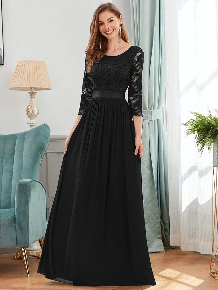 See-Through Floor Length Lace Evening Dress with Half Sleeve