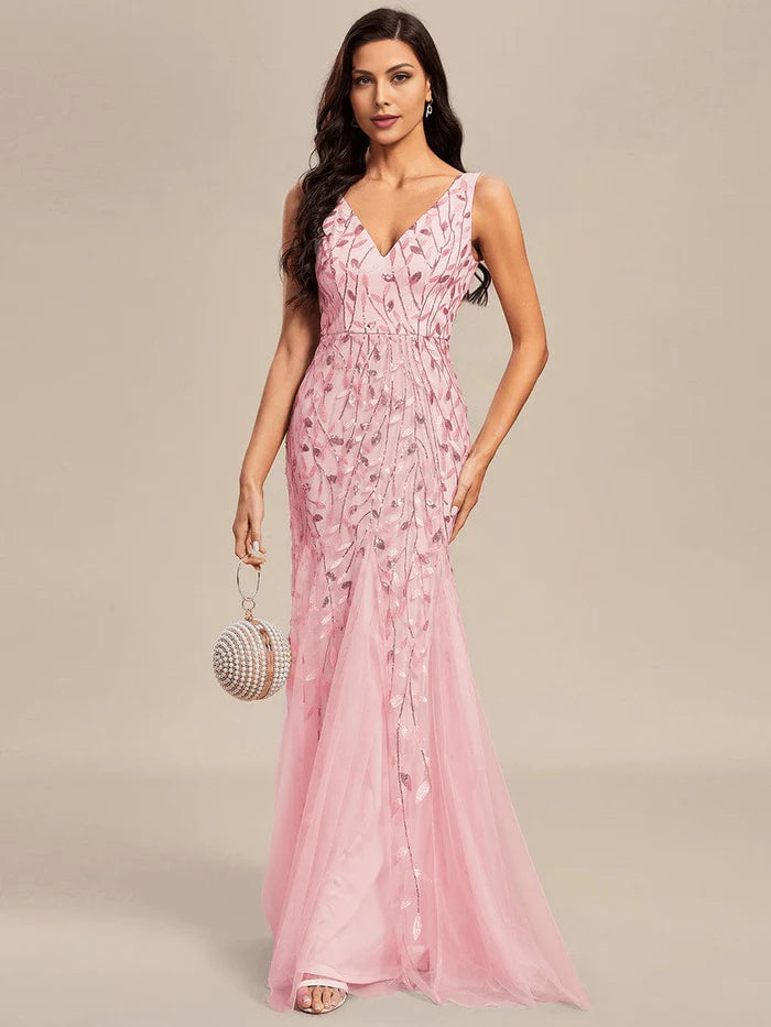 Sleeveless Deep V-Neck Fishtail Leaf Sequin Evening Dress