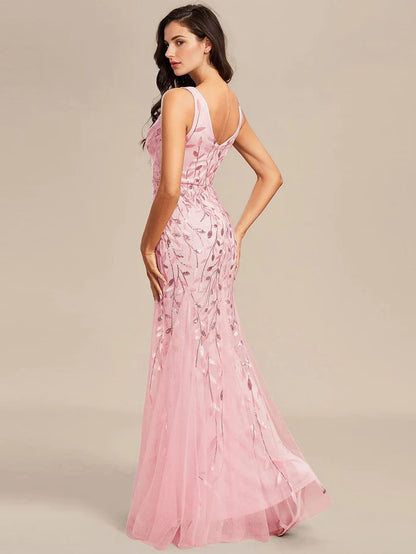 Sleeveless Deep V-Neck Fishtail Leaf Sequin Evening Dress