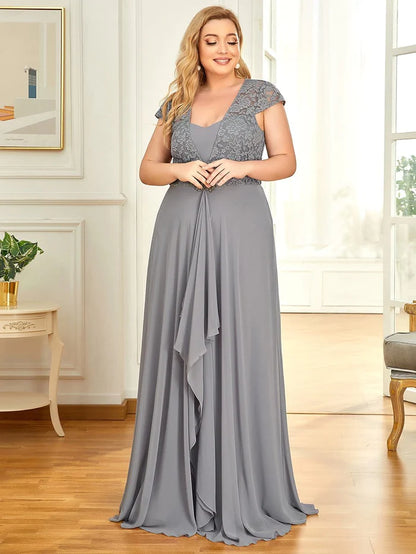 Plus Size Cap Sleeve Maxi Evening Dress for Wedding Guest