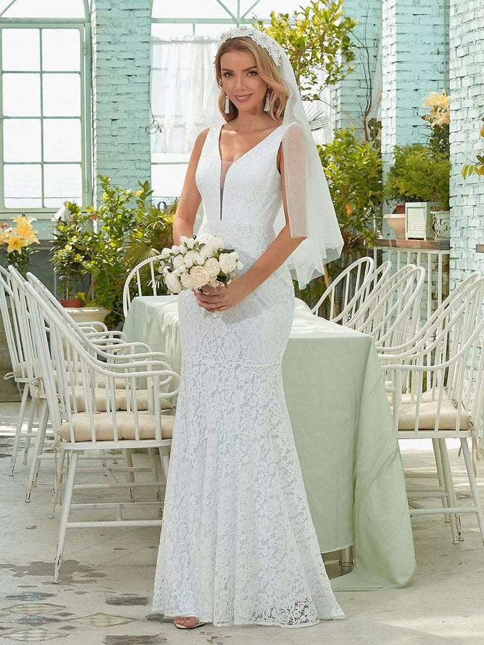 Dainty Deep V Neck Sleeveless Fishtail Lace Wedding Dress