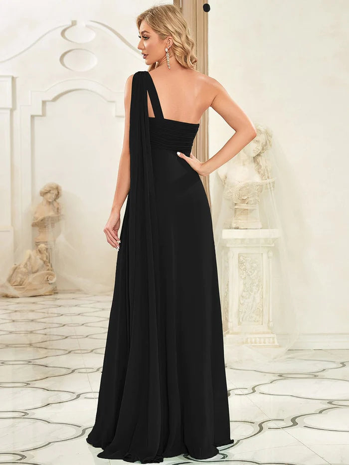 Pleated One Shoulder Long Chiffon Formal Evening Dress