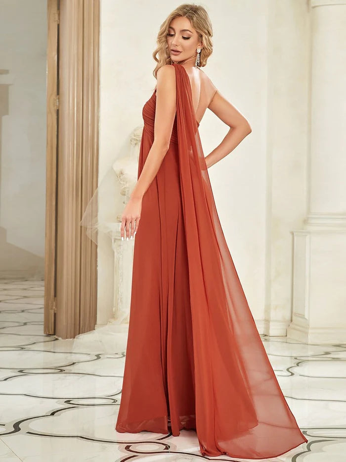 Pleated Chiffon One Shoulder Long Evening Dress