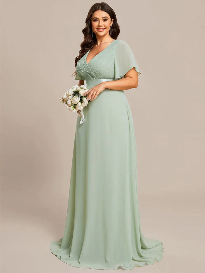 Plus Size Empire Waist V Back Bridesmaid Dress with Short Sleeves