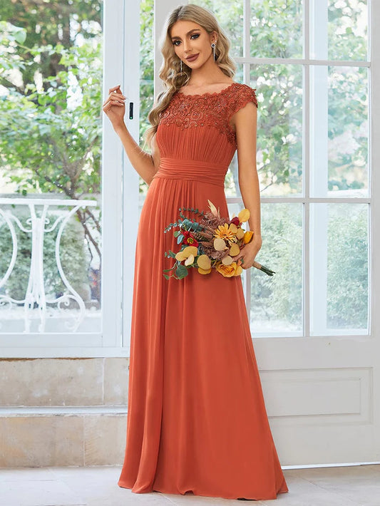 Classic Maxi Long Lace Cap Sleeve Bridesmaid Dress