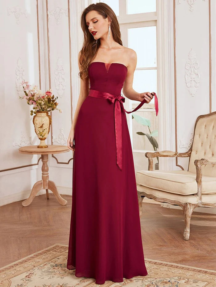 Romantic Strapless Knotted Waistband Long Bridesmaid Dress