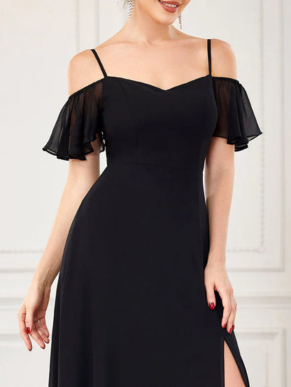 Chiffon Off-The-Shoulder Side Slit Bridesmaid Dress with sleeves