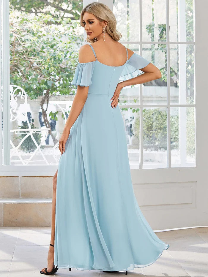 Flowy Cold Shoulder Flare Sleeves Bridesmaid Dress with Side Slit