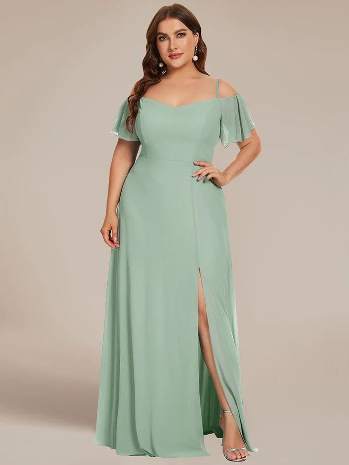 Plus Size Cold Shoulder Formal Bridesmaid Dress with Side Slit