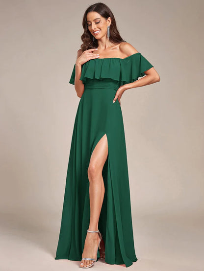 Women's Off Shoulder Ruffle Thigh Slit Bridesmaid Dresses