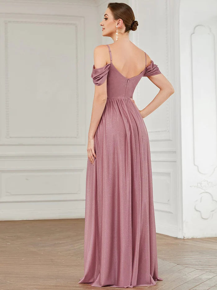 Draped Sleeve Cold Shoulder Sweetheart Bridesmaid Dress