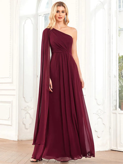 Asymmetrical Sleeve A-Line Pleated Chiffon Bridesmaid Dress