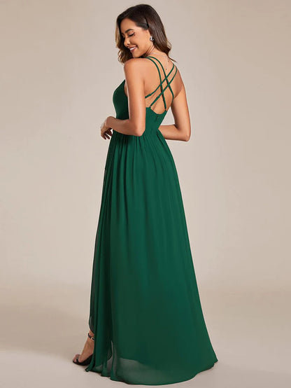 Chiffon Spaghetti Strap Ruffled Front Slit A-Line Bridesmaid Dress