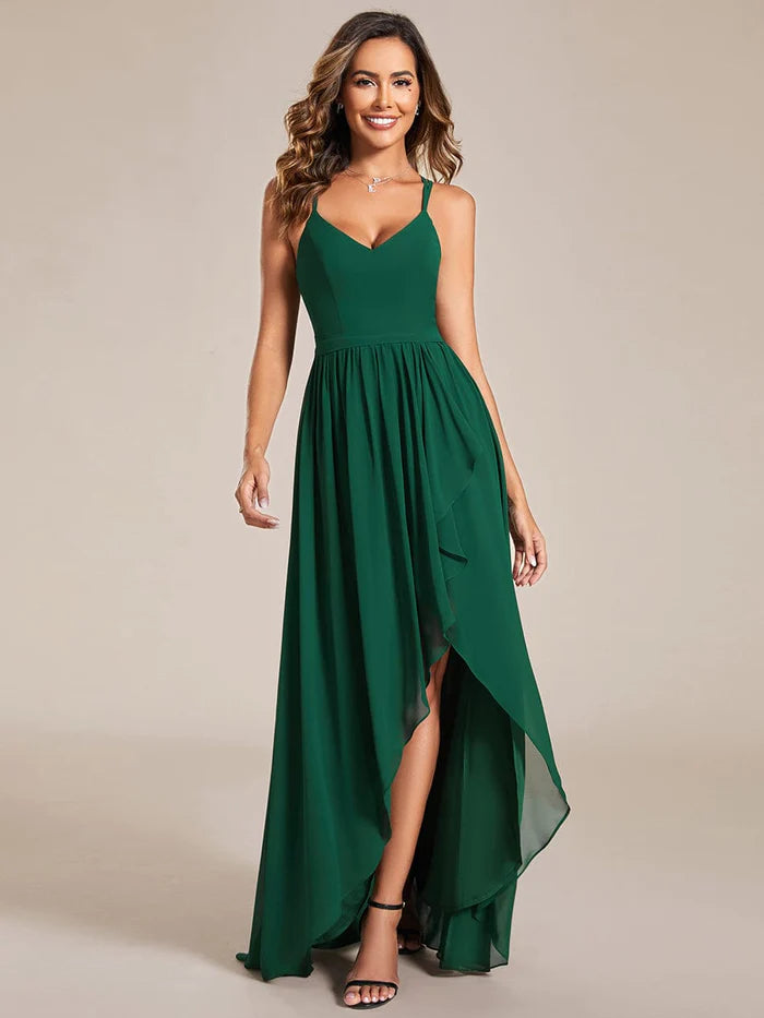 Chiffon Spaghetti Strap Ruffled Front Slit A-Line Bridesmaid Dress