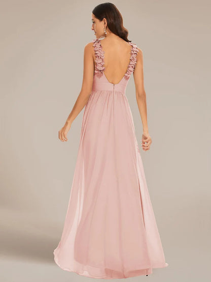 Floral Applique Sleeveless Pleated Chiffon Bridesmaid Dress