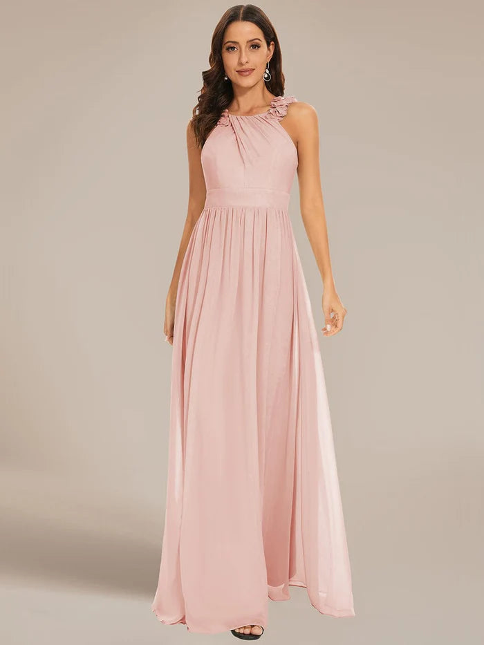 Floral Applique Sleeveless Pleated Chiffon Bridesmaid Dress