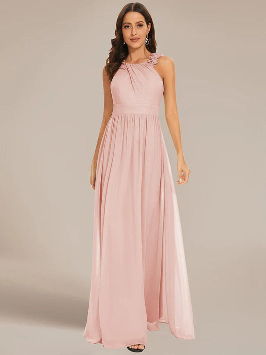 Floral Applique Sleeveless Pleated Chiffon Bridesmaid Dress