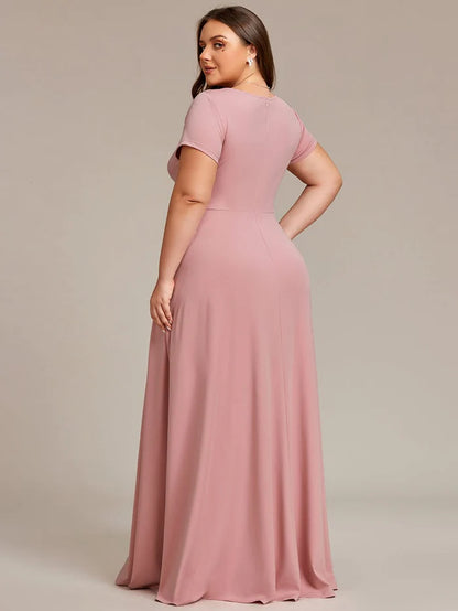 Plus Size Pleated V-Neck Short Sleeves Empire Waist A-Line Bridesmaid Dress