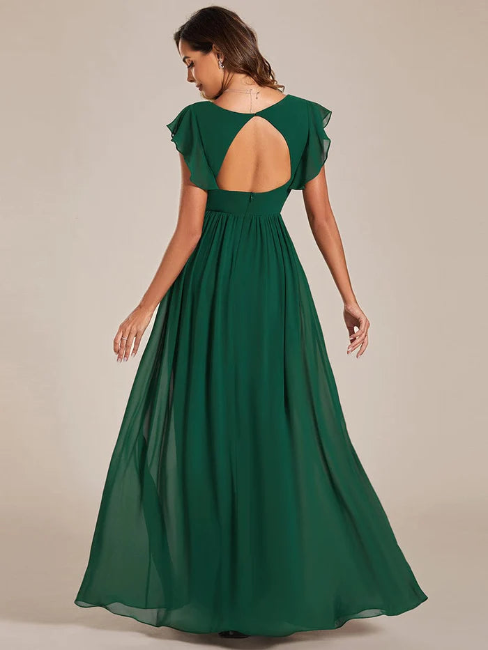 Back Cutout A-Line Pleated Ruffles Sleeve Chiffon Bridesmaid Dress