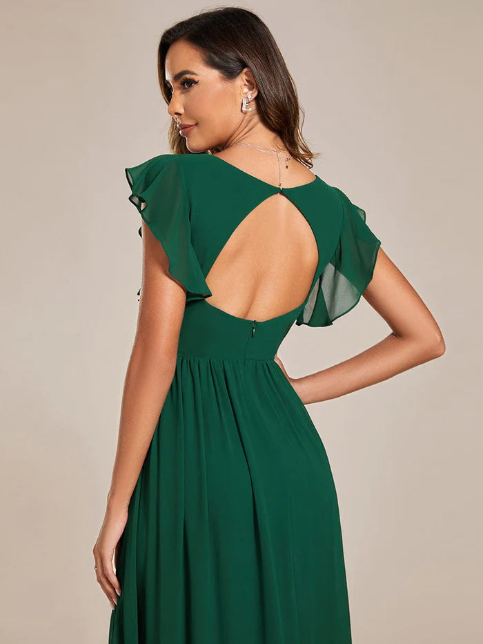 Back Cutout A-Line Pleated Ruffles Sleeve Chiffon Bridesmaid Dress