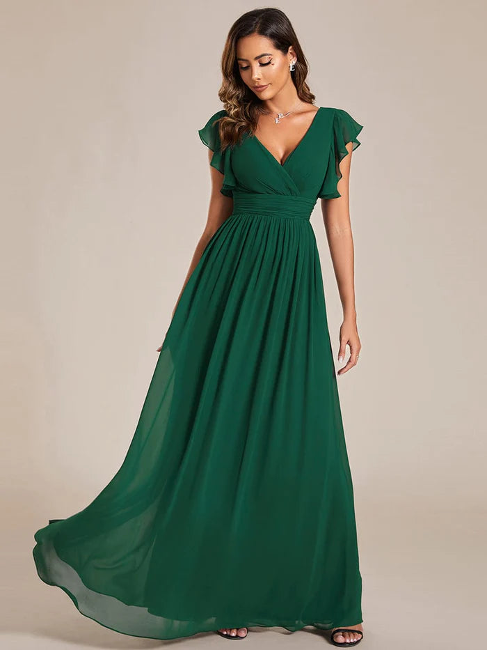 Back Cutout A-Line Pleated Ruffles Sleeve Chiffon Bridesmaid Dress