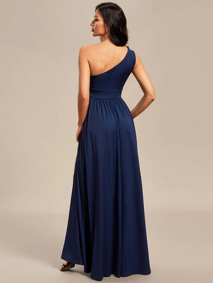 One Shoulder High Front Slit Hollow Out Neckline Bridesmaid Dress