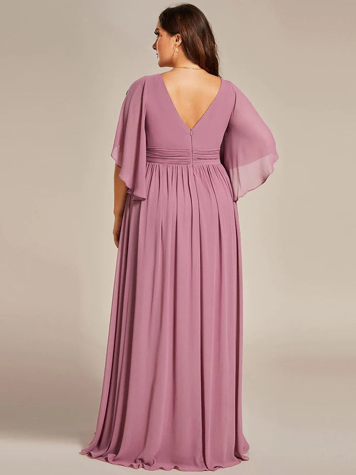 Plus Size Half Sleeve Pleated A-Line V-Neck Chiffon Bridesmaid Dress